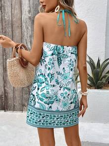 SHEIN VCAY 定位花卉印花中空露背露背夏季假期休閒裙 - 綠色 - 查看 2