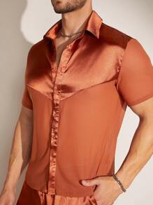 FeverCity Men's Solid Color Simple Daily Wear Short Sleeve Shirt And Shorts Set - Rust Brown - View 4