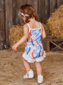 SHEIN Baby Girl Printed Sleeveless Strap Tops And Lace Shorts Set For Summer - Multicolor - View 2
