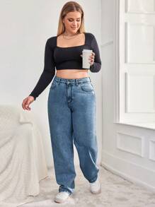EURMUSE Plus Size  Casual Daily Wear Straight Leg Jeans - Medium Wash - View 4