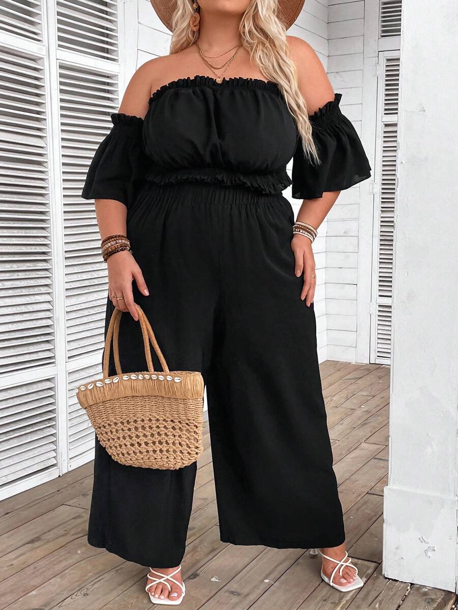 Calvaya Plus Size Women's Summer Holiday Solid Color Flounce Off Shoulder Top And Loose Wide Leg Pants Set - Black - View 1