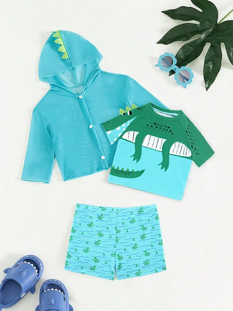 Baby Boys' Cartoon Round Neck Short Sleeve T-Shirt And Allover Print Swim Shorts Set, Matched With Front-Buttoned Long Sleeve Hooded Coat