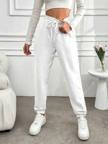 EURMUSE Women's Solid Color Drawstring Waist & Cuffed Hem Sweatpants - White - View 4