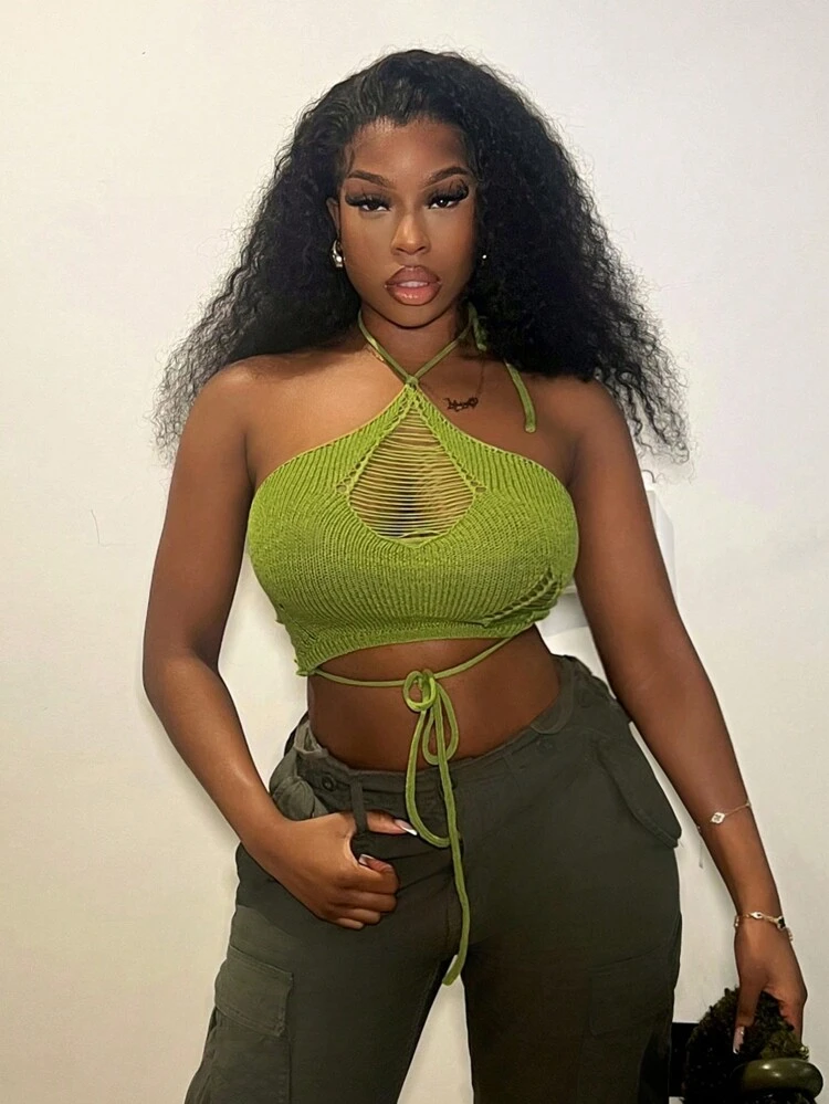 Street Style Casual Green Knitted Top With Hollow Out & Tie Design For Women