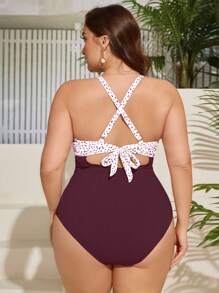 SHEIN Swim Curve 2025 大码女式波尔卡圆点印花交叉镂空性感细肩带连体泳衣夏季 - 紅色 - 查看 2