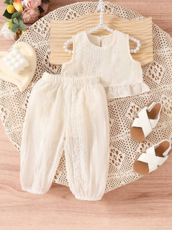 SHEIN Vintaside Kids Baby Girl Solid Color Simple Sleeveless Top And Pants Set