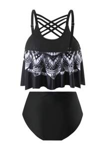 SHEIN Swim Curve 加大码夏季海滩骷髅与曼陀罗印花比基尼套装，适合度假和万圣节 - 黑與白 - 查看 2