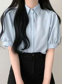 夏季休闲纯色宽松泡泡袖衬衫 - 藍色 - 查看 1