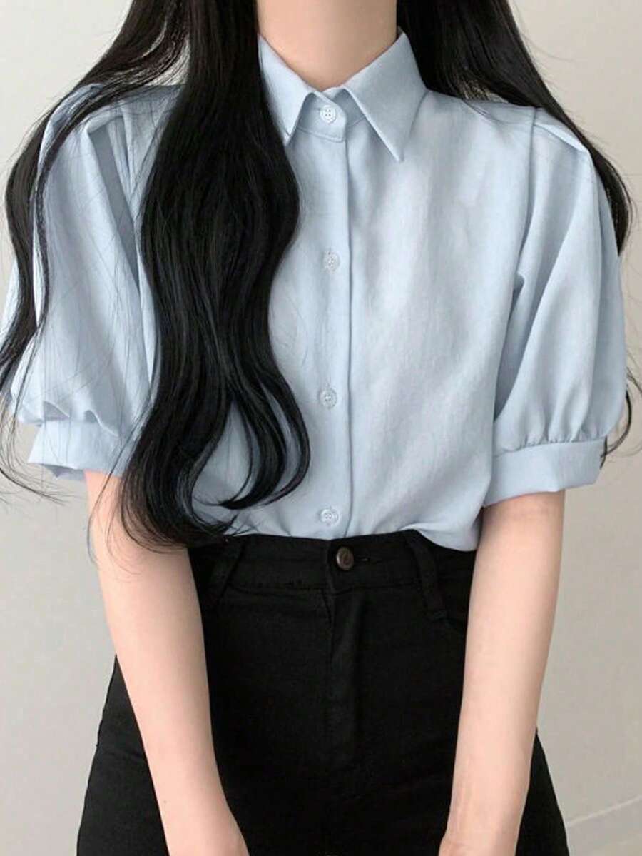 夏季休闲纯色宽松泡泡袖衬衫 - 藍色 - 查看 1