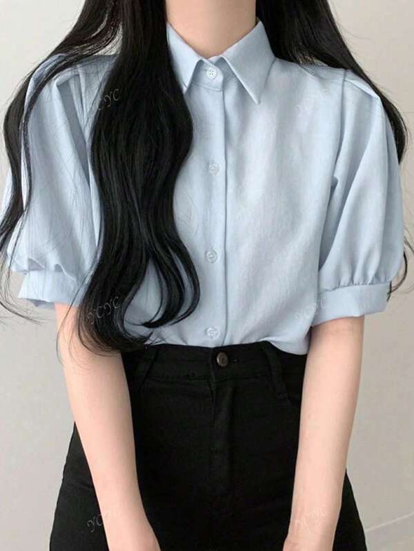 Summer Casual Solid Color Loose Puff Sleeve Shirt