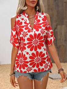 SHEIN LUNE Maglia rossa donna con collo a V e grande stampa floreale casuale - Rosso - Visualizzare 5