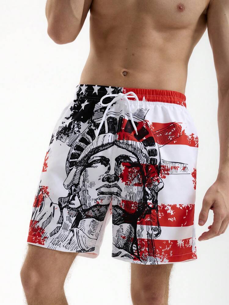 Men's American Flag Printed Drawstring Waist Loose Beach Shorts (Random Cutting)