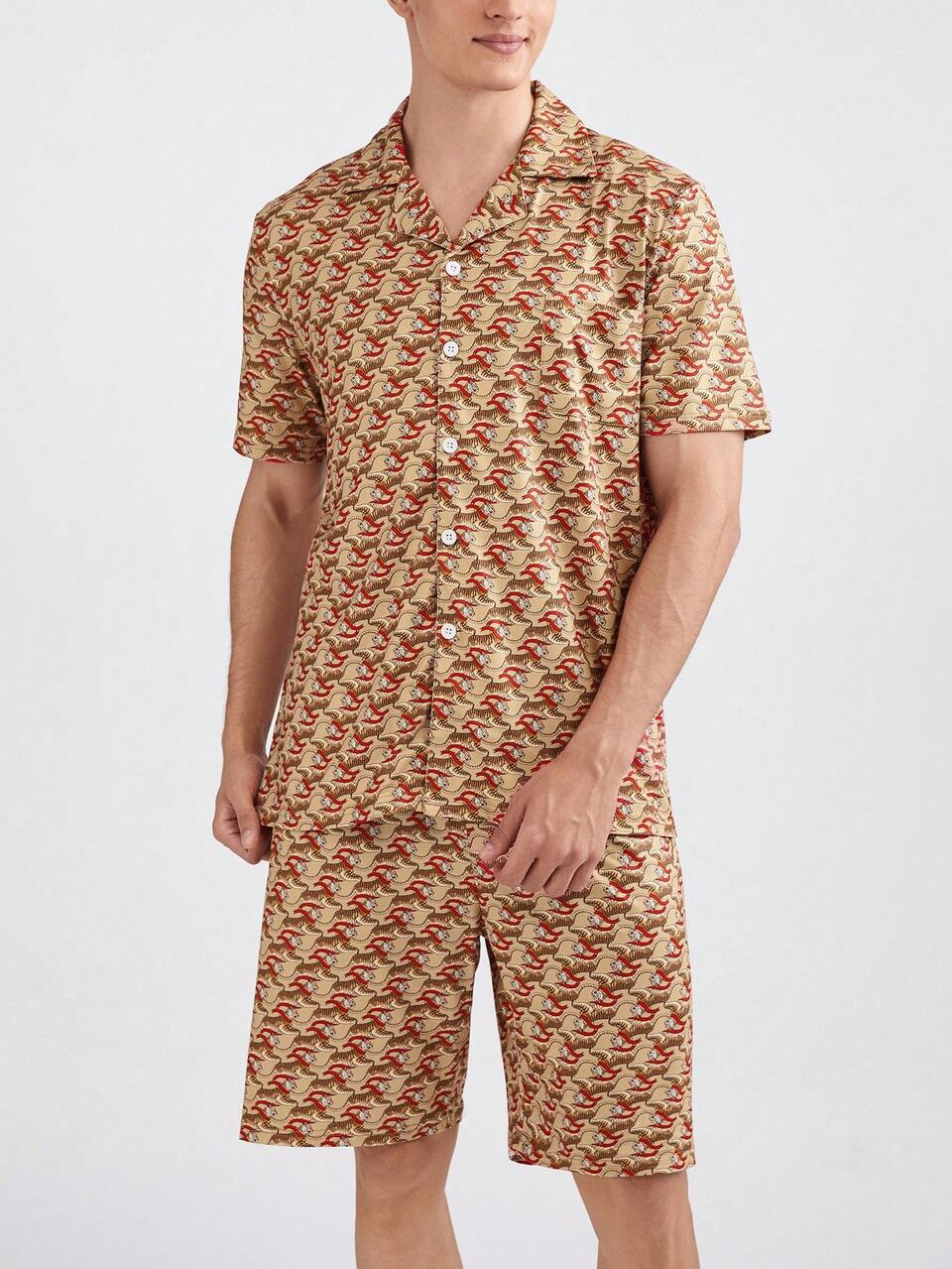 Men's Printed Casual Short Sleeve Shirt And Shorts Homewear Set, Summer
