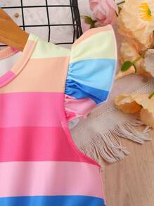SHEIN Vestido de niña joven con cuello redondo y diseño plisado a rayas de varios colores - Multicolor - Ver 4