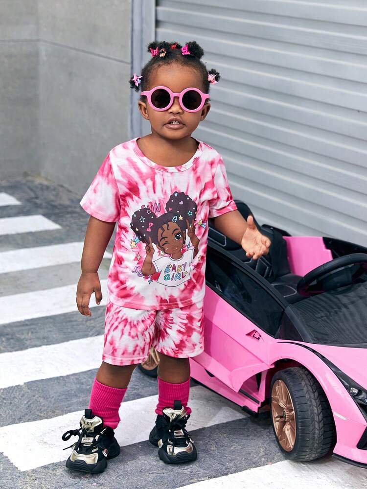 Baby Girl Portrait Print Tie Dye Short Sleeve T-Shirt And Shorts Set