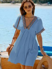 INAWLY 女性度假沙灘編織腰帶拼接蝙蝠袖連衣裙 - 藍色 - 查看 5