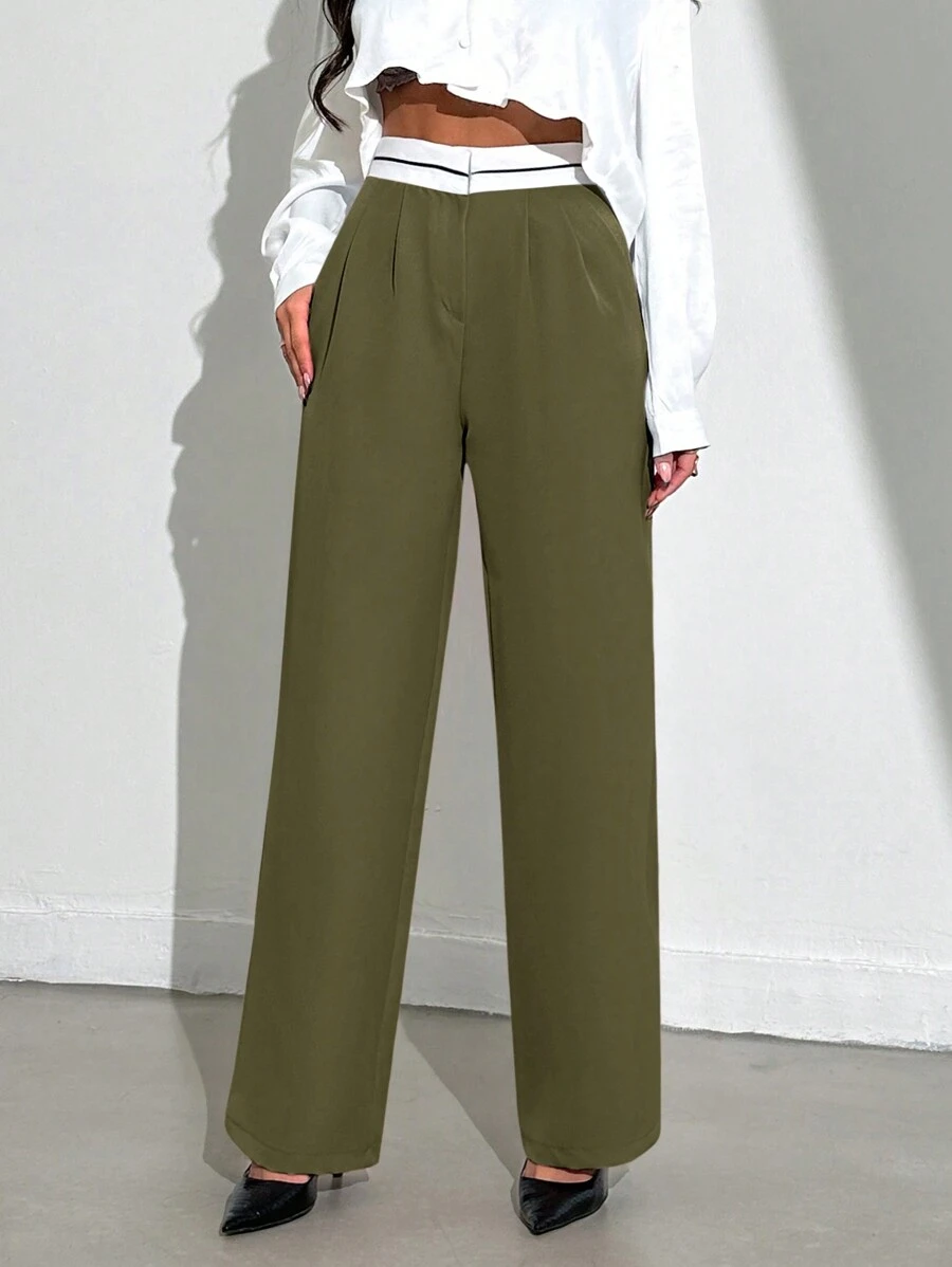 EURMUSE Women'S Color Block Suit Pants - Olive Green - View 1