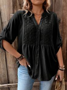 Linhara CURVE Camisa casual de vacaciones con cuello en V, manga corta, botones y diseño de encaje disolvible en agua, en talla grande - Negro - Ver 4