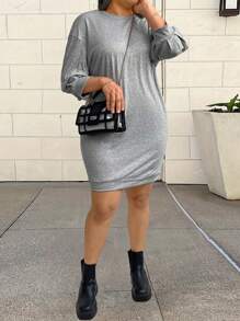 SHEIN LUNE Women's Plus Size Lantern Sleeve Drop Shoulder Slim Midi Dress - Light Grey - View 5