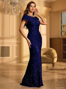 UNITHORSE Women's Asymmetric Neck Ruched Sequin Party Dress - Royal Blue - View 4