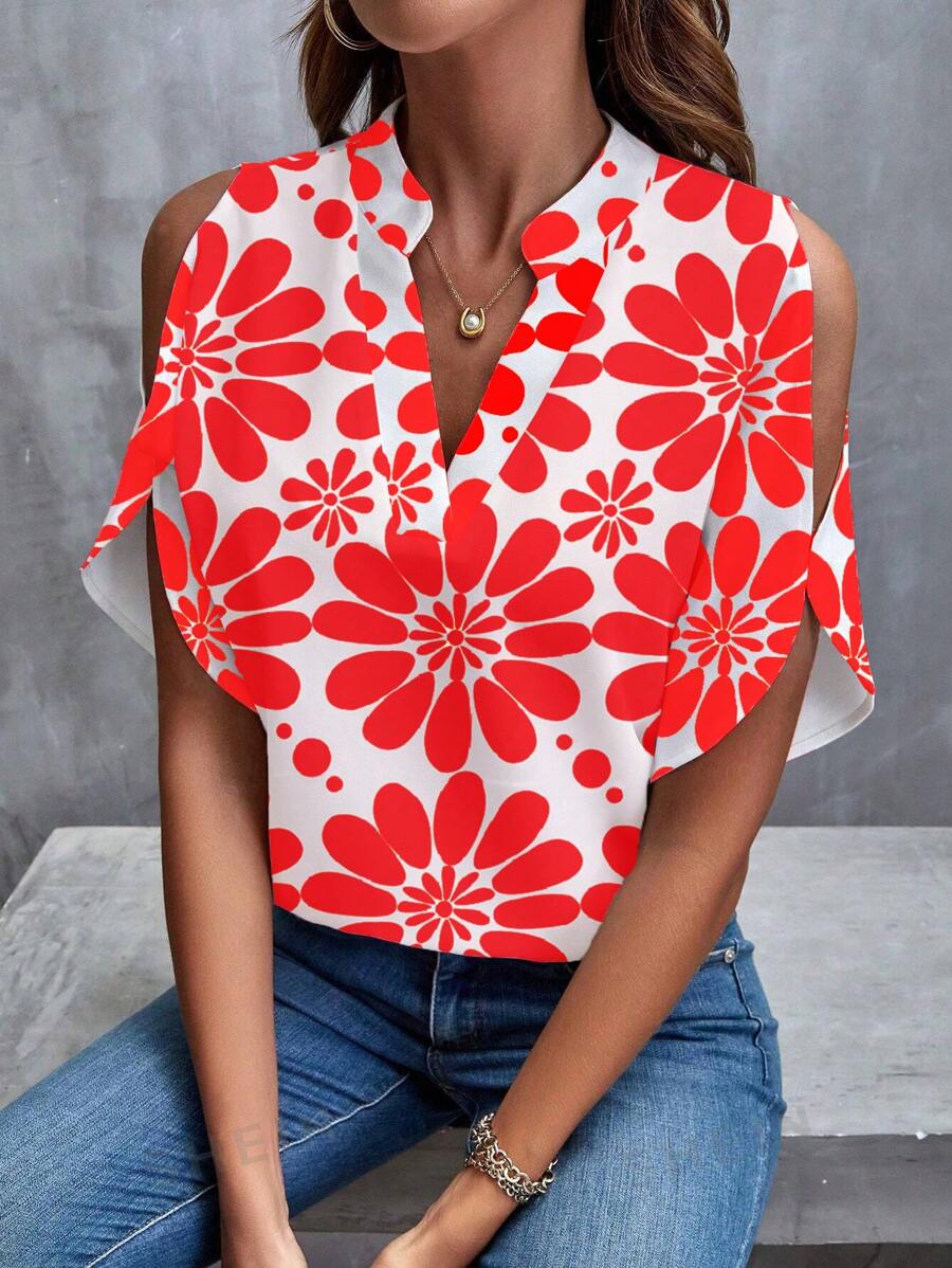 SHEIN LUNE Maglia rossa donna con collo a V e grande stampa floreale casuale - Rosso - Visualizzare 1