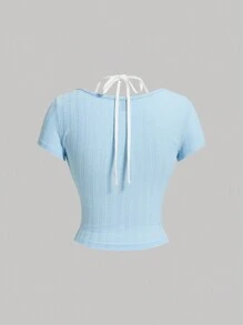 SHEIN MOD 可爱芭蕾蝴蝶结蕾丝边短袖二合一 T 恤夏季女式上衣 - 藍色 - 查看 2
