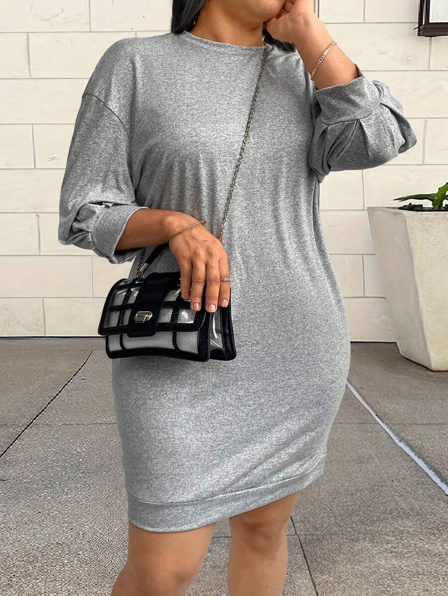 SHEIN LUNE Women's Plus Size Lantern Sleeve Drop Shoulder Slim Midi Dress - Light Grey - View 1
