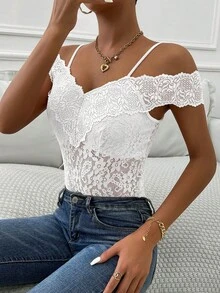 SHEIN Privé Women's Solid Color Simple Lace Decorated Spaghetti Strap Bodysuit, Casual - White - View 4