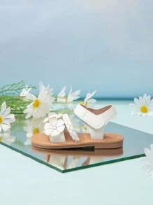可愛嬰兒裝飾性編織扁平涼鞋，帶有貼花 - 白色 - 查看 3