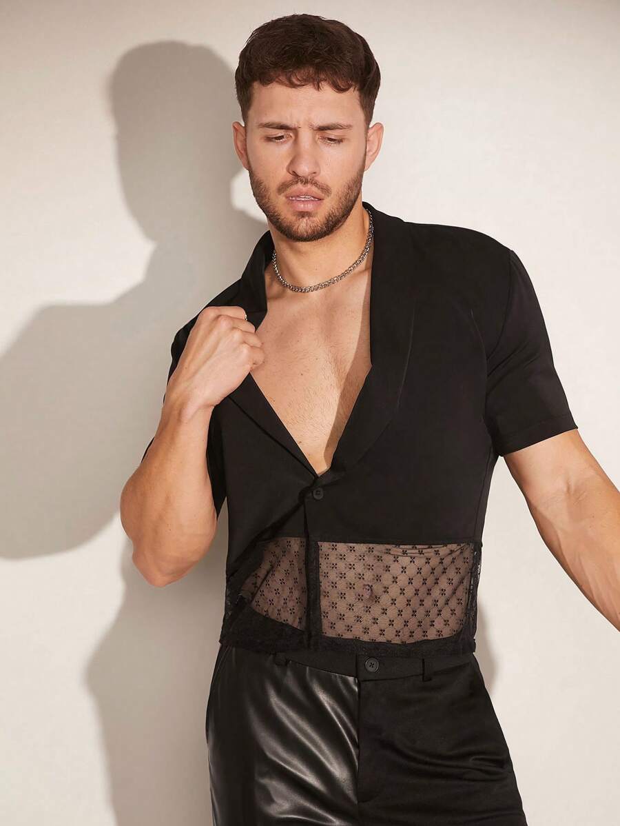 FeverCity 男士夏季时尚网眼撞色短袖衬衫 - 黑色 - 查看 1