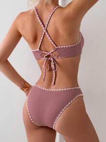 SHEIN Swim 性感露背內衣及泳裝底部比基尼套裝，夏季沙灘泳裝 - 珊瑚粉 - 查看 2