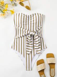 SHEIN Swim 低胸條紋和花卉印花度假風格泳衣連體裝（可拆式結扣，高腰剪裁）（隨機印花）