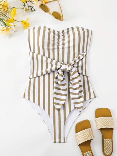 SHEIN Swim 低胸條紋和花卉印花度假風格泳衣連體裝（可拆式結扣，高腰剪裁）（隨機印花）