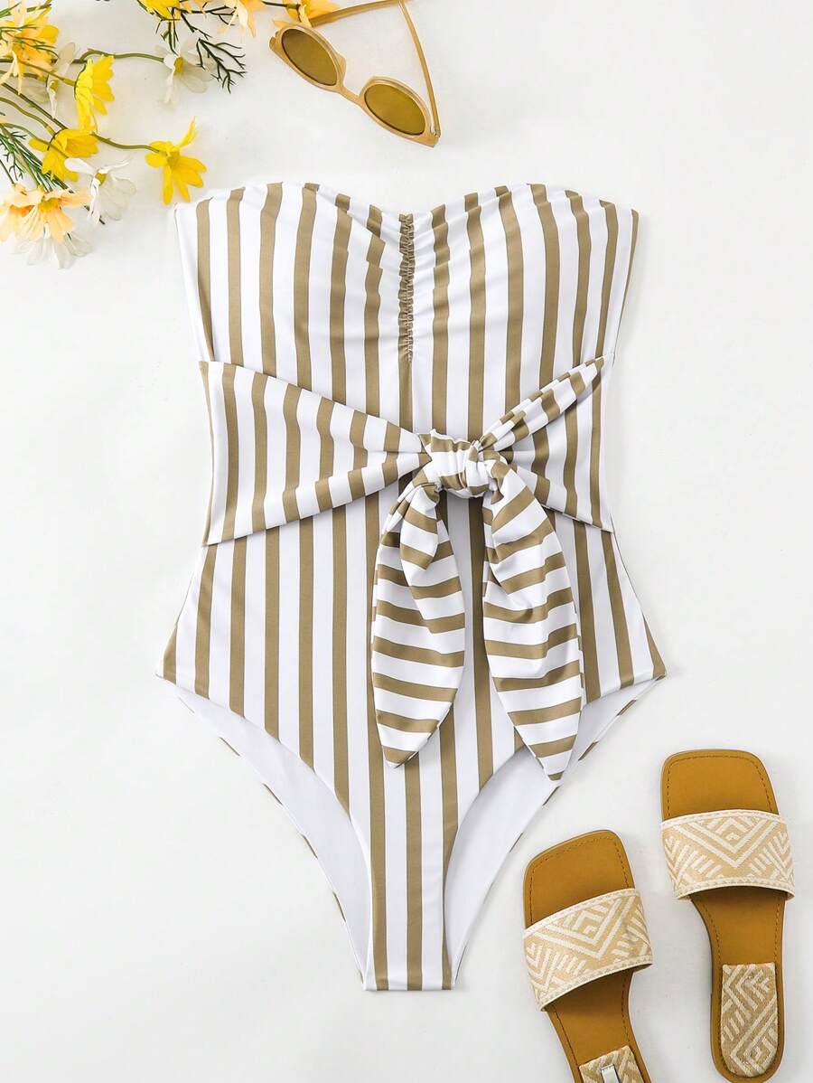 SHEIN Swim 低胸條紋和花卉印花度假風格泳衣連體裝（可拆式結扣，高腰剪裁）（隨機印花）