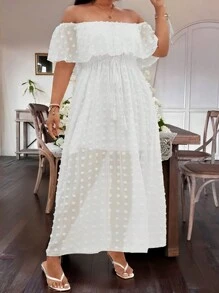Breezaya 大尺碼女士度假露肩雪紡提花流蘇束腰連衣裙 - 白色 - 查看 1