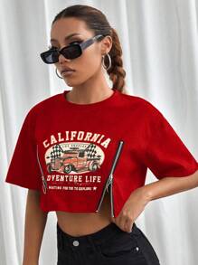 StreetHx 汽车和口号印花拉链短袖短款上衣新年服装图案 T 恤女式上衣 - 紅色 - 查看 4