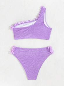 SHEIN Swim 夏季女士纯色 3D 花朵装饰单肩性感比基尼套装度假