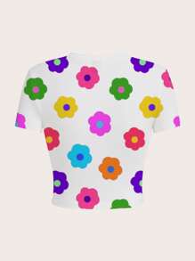 SHEIN EZwear Women Casual Full Floral Print White Tight Crew Neck Short Sleeve Cropped Top, Suitable For Summer