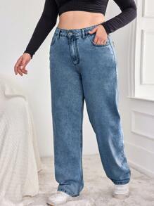 EURMUSE Plus Size  Casual Daily Wear Straight Leg Jeans - Medium Wash - View 5