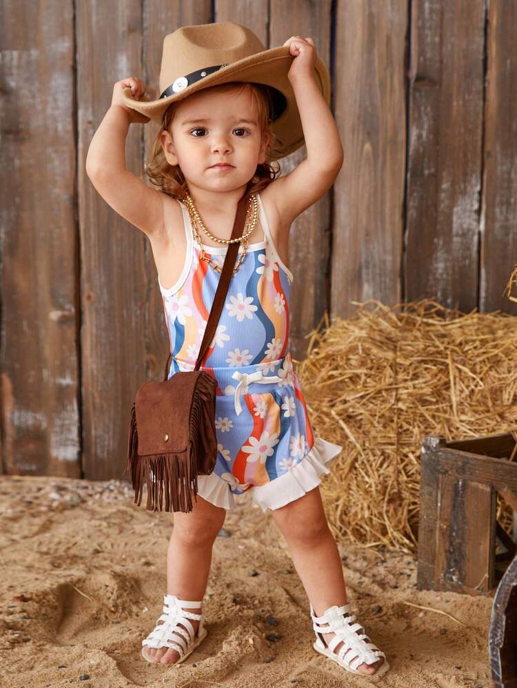 Baby Girl Printed Sleeveless Strap Tops And Lace Shorts Set For Summer