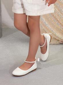 Girls' Fashionable Pearl Ankle Strap Flat Shoes With Bowknot
