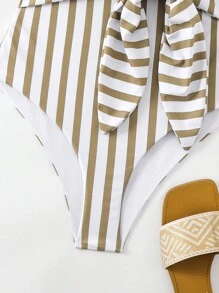 SHEIN Swim 低胸條紋和花卉印花度假風格泳衣連體裝（可拆式結扣，高腰剪裁）（隨機印花）