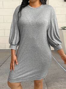 SHEIN LUNE Women's Plus Size Lantern Sleeve Drop Shoulder Slim Midi Dress - Light Grey - View 4
