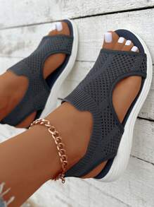 加大碼女士個性化休閒運動涼鞋，時尚舒適的無帶透氣網鞋 - 藏蓝色 - 查看 2