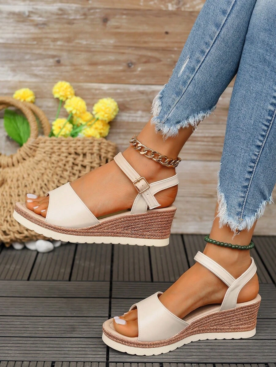 Women's Beige Buckle Strap Platform Sandals With Wedge Heels - Beige - View 1