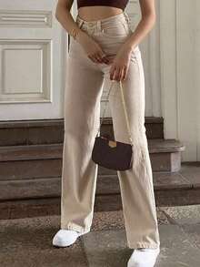 Quần dài cơ bản lưng cao/trung bình cho nữ, phong cách đa năng - Màu Khaki - Xem 4