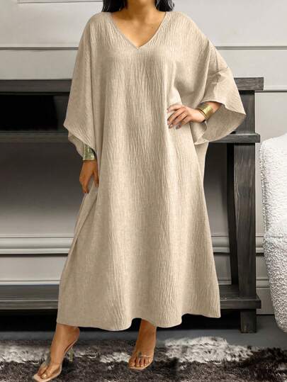 SHEIN LUNE Summer Plus Size Women's Simple Solid Color Long Sleeve Dress