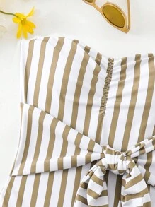 SHEIN Swim 低胸條紋和花卉印花度假風格泳衣連體裝（可拆式結扣，高腰剪裁）（隨機印花）