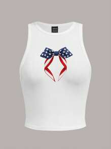 SHEIN EZwear Casual Minimalist U.S. Flag & Bow Print Round Neck Tight-Fitting Tank Top For Women, Suitable For Summer, Fourth Of July/4th Of July