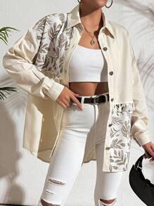 EURMUSE 女士复古风格印花流苏领带长袖衬衫 - 米色 - 查看 5